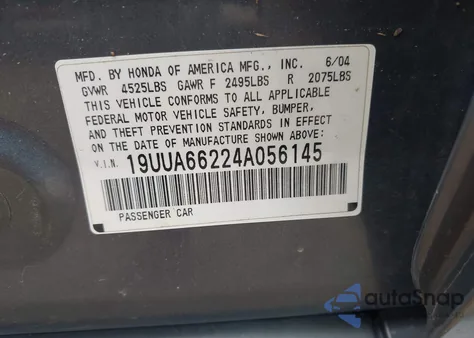 2004 Acura Tl from USA, damaged, VIN 19UUA66224A056145